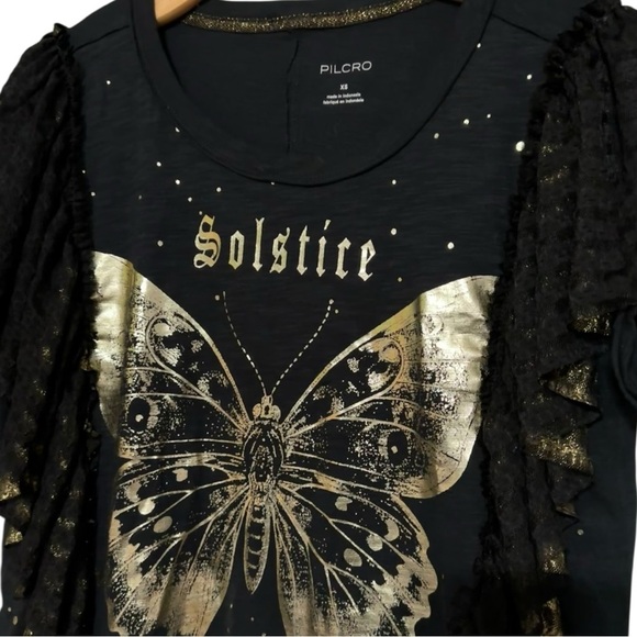Pilcro Women’s Size XS Black Golden Hour Solstice Butterfly Lace Trim T-Shirt - Picture 7 of 10